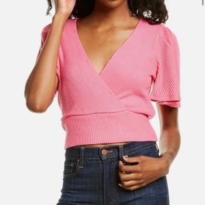 Revolve x Line & Dot Aston Barbie pink ribbed faux wrap top with flowy sleeve